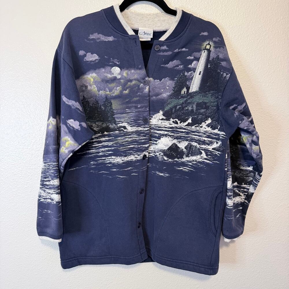 Artisans Vintage Lighthouse Button-Up Sweatshirt Sweater Women's M